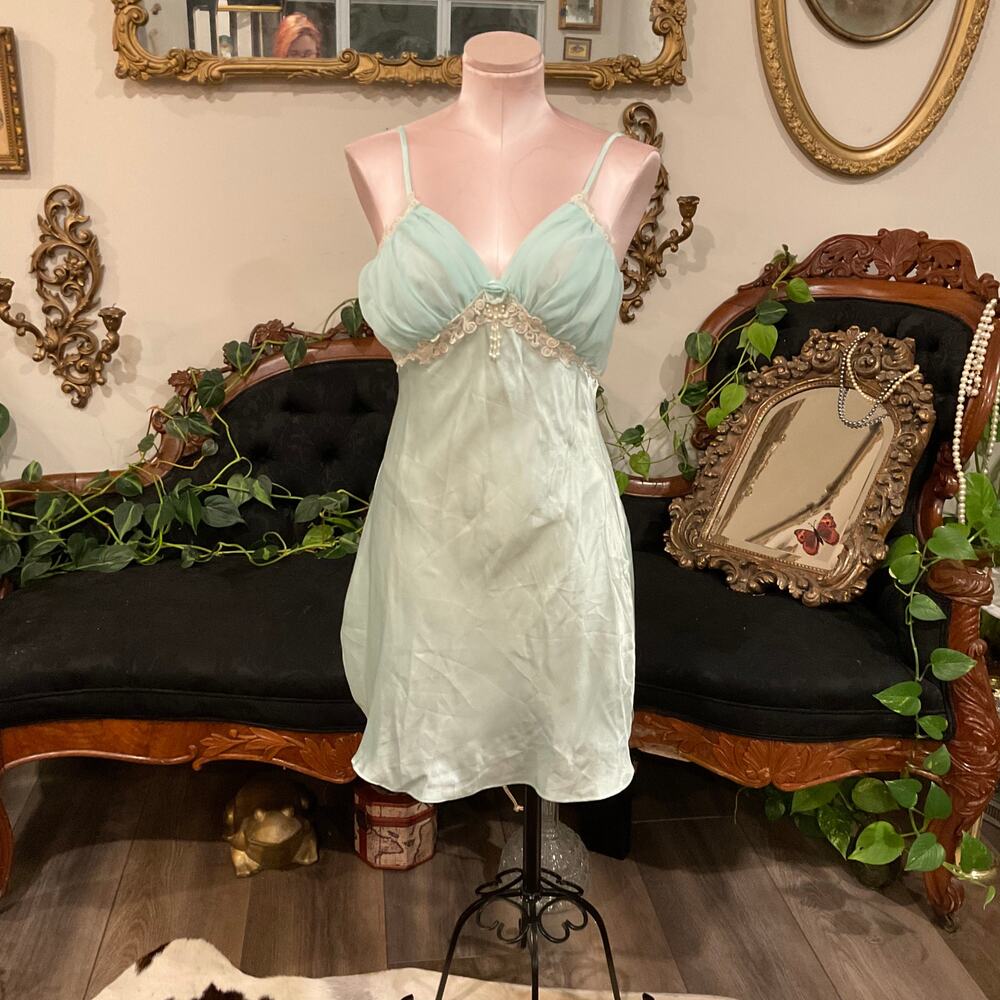 Vintage Mint Green Lacy Satin Slip Chemise